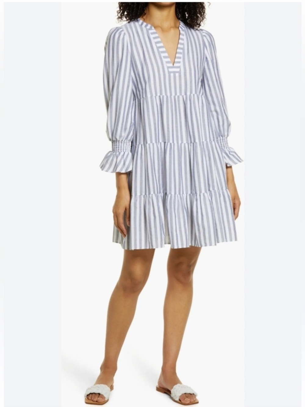 Eliza J Blue and White Striped Tiered Cotton Dress Size 8